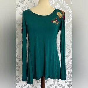 Caite Teal Long Sleeve Embroidered Boho Floral Top Size Large